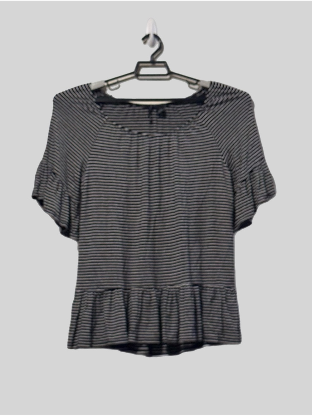 New Directions Striped Peplum Blouse L Ruffle Sleeve Scoop Neck Casual Cami EUC